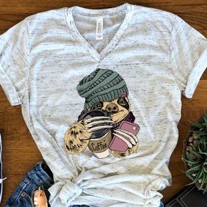 New Hipster Sloth Coffee L Large Marble White Bella Unisex V Neck T-shirt